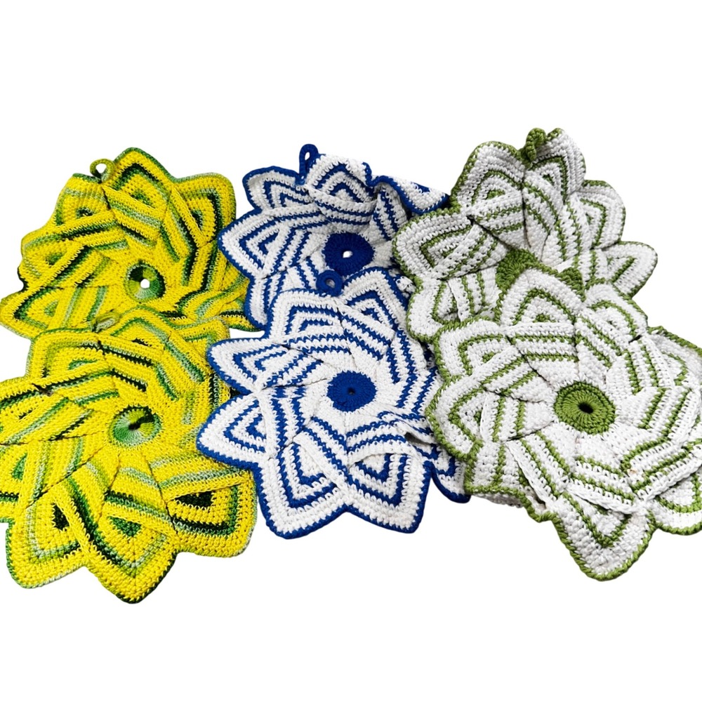 Vintage Handmade Crochet‎ Potholders Set of 6 Starburst Flower Petal Multi Color